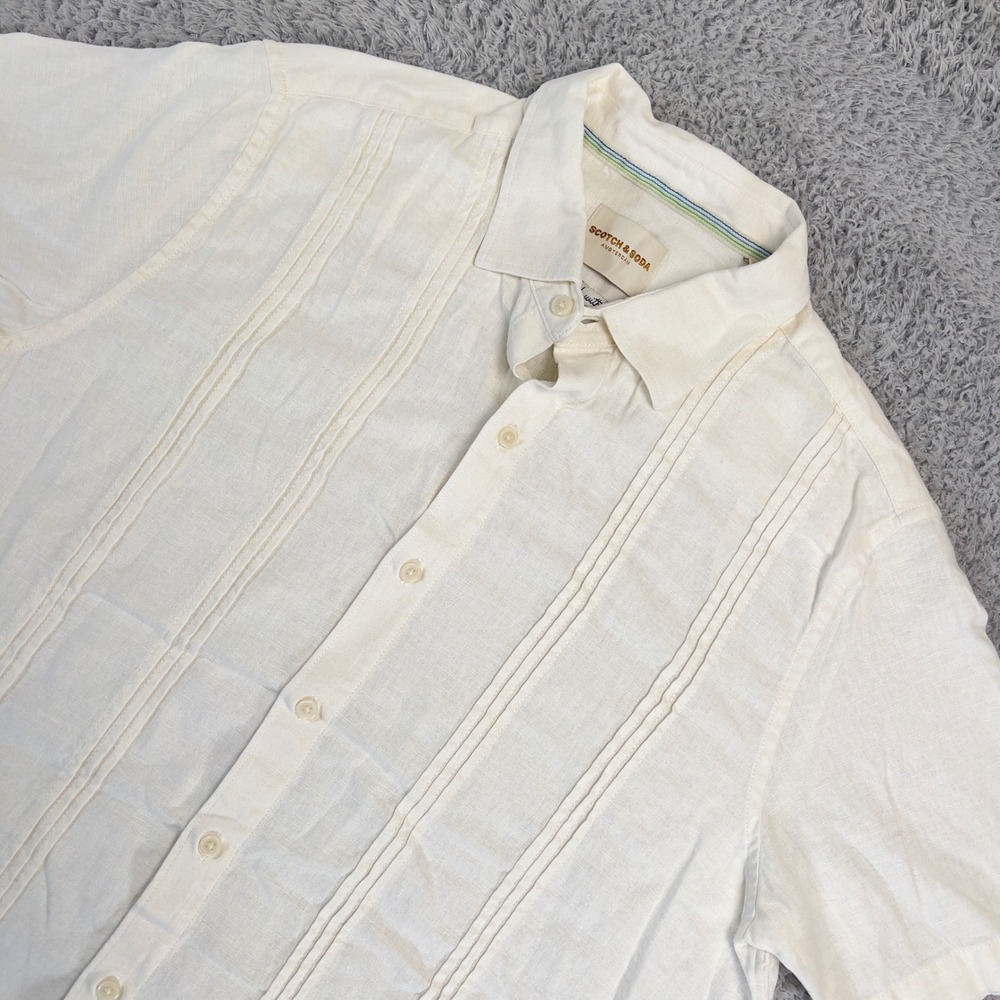 Scotch & Soda Linen Blend Pintuck Short Sleeve Button Down Shirt L Mens Cream